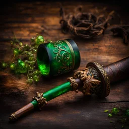 Closeup of an old, dark, wooden magical wand used for black magic. Poison-Green details. Evil. Dark. Black magic. No detailed background.Magical. Epic. Dramatic, highly detailed, realistic, hyper realistic, photo, masterpiece