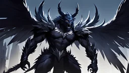 beast with a towering figure with large, leathery wings, clawed hands, and sharp silver fangs. in 8k solo leveling shadow artstyle, machine them, close picture,