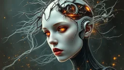 old worn paper, Ethereal bald white woman with thorns, thistles and plant roots on her head, human brains biomechanics cyberpunk style digital painting depicting a glowing woman with robotic features, combining human and artificial elements in a gripping sci-fi scene with intricate details and a cinematic atmosphere. Red lips, gold fragments, silver particles, wind, swirls, glare, glow from within, 8K, fine rendering, high detail, hyperrealism, high resolution, multi-layered, hyperdetail, hyperf