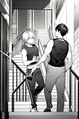 a boy in shorts sleeveless shirt climbs the stairs, greyscale