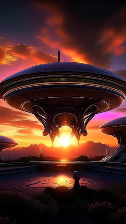 futuristic base of aliens sunset