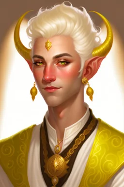 tiefling man with short white blonde hair and lots of gold jewelry, wearing white and gold