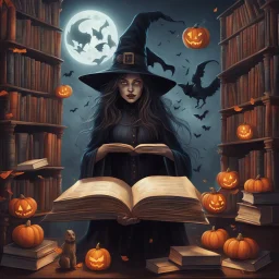 An endless library of Halloween books that float to readers on command, supervised by a witch