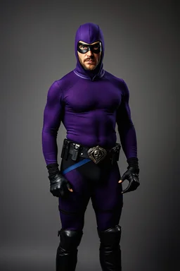 The Phantom - full-length, A Real-life portrait of a photorealistic man with piercing blue eyes, a chiseled jaw, goatee, timeless face, stern expression, Wearing a tight fitting purple cotton hero suit with a cowl that fits tight to his head, but does not cover his face, he wears a thin, black leather, bandit eye disguise over his eyes, black and blue diagonally striped trunks, dual-holstered pistol belt adorned with a triangle skull-shaped buckle with leg straps, Knee-high black leather boots