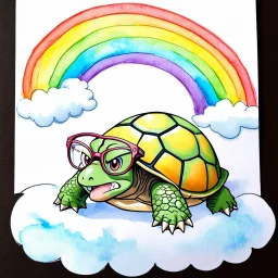 Une tortue arc en ciel, en colère, sur un nuage, elle porte des lunettes, aquarelle