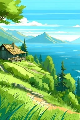 Paisaje de un día soleado, en zona montañosa, con árboles, pasto, frente al mar, en un cabaña