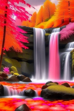 waterfall, with beautiful pink and orange trees