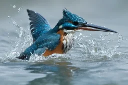 A beautiful kingfisher diving into the water. Highly detailed, smooth colours, realistic landscape