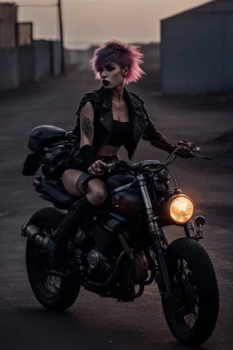 vampire girl showing fangs with short cropped cyberpunk hair riding a black cafe racer motorcycle in a post apocalyptic wasteland at dusk