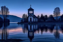 lost church in the middle of a lake seen from shore with full moon in background at dusk