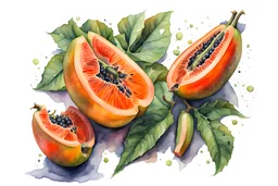 PAPAYA fruit, whole and cut, , watercolor, artstation trends, sharp focus, studio photography, intricate details, high detail, by Greg Rutkowski