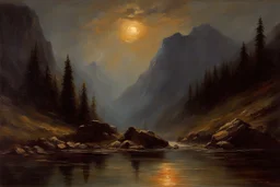 mistery night, mountains, rocks, river, epic, gothic and dark, wilfrid de glehn, friedrich eckenfelder, and anna boch impressionism paintings