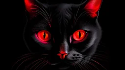 "Imagine a sleek and mysterious creature with a deep black body, adorned with vibrant orange facial markings that seem to glow in the darkness. Its wide, piercing eyes are a shocking shade of pink, adding a touch of playfulness to its otherwise enigmatic appearance."