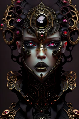 A beautiful voidcore vantablack ginger and blaca rose biomechanical woman young faced portrait with a voidcore gothica headdress with metallic filigree gothica ornaments around ribbed with agate stones half face mand azurit mineral stone metallic steampunk filigree Golden voidcore shamanism rose on half face masque christmas athmospheric organic bio spinal ribbed detail of decadent gothica backround gothic ornaments around extremely detailed hyperrealistic concept portrait