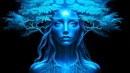 The photo is in a bioluminescent and bioluminescent art style depicting a divine tree woman, double exposure, Bioluminescent dewy translucent glowing skin, ethereal glowing eyes, long neck, perfect face in ultra-realistic details, blue hues, flowing hair, The composition imitates a cinematic film with dazzling, gold and silver lighting effects. Intricate details, sharp focus, crystal clear skin create high detail. 3d, 64k, high resolution, high detail, computer graphics, hyperrealism, f/16, 1/30