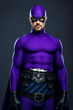 full-length, A portrait of a the Phantom, a man with piercing blue eyes, a chiseled jaw, goatee, timeless face, stern expression, Wearing a skintight formfitting purple cotton hero suit with a skintight cowl with a widows peak that fits tight to his head, but does not cover his face, he wears a thin, black leather, bandit eye disguise over his eyes, black and blue diagonally striped trunks, dual-holstered pistol belt adorned with a triangle skull-shaped buckle with leg straps, knee-high boots