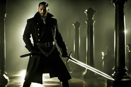 Still frame of Tom Hardy as Father Alexander Anderson from the live action "Hellsing" movie based on the anime of the same name. He is throwing glowing swords.