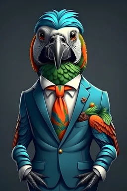 Parrot dressed in an elegant modern suit with a nice tie. Fashion portrait of an anthropomorphic animal, shooted in a charismatic human attitude - Generative AI