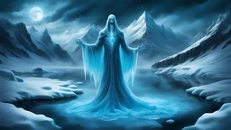 an ice ghost undead deathless draugr, inhuman horrifying ice wraith, floating hovering; evil spirit, bright blue eyes, a shimmer of blue magic; frozen landscape, glacier in the background; dark skies, night time, full moon, storm clouds;