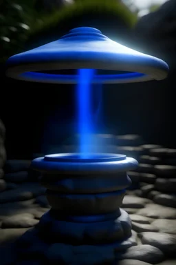 A stone wishing well shooting up a blue beam like a lightsaber.