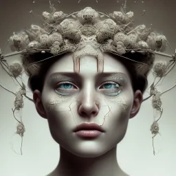 broken, cracked-open woman's face, fine detail, highly intricate, wearing bridal veil, modern surrealism painting, identity crisis, wearing bridal veil, high-quality, volumetric lighting, 8k, ultrahd, George Grie, Marco Escobedo, Igor Morski