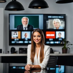 amodern tv studio a beautiful girl perfect face sitting next to desk presenting new looking at camera, with picture of an old man in tv screen at background