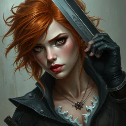 a beautiful fantasy woman, young, ginger hair, troubled, assassin, dark fantasy art
