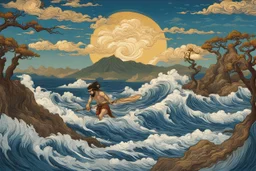 digital painting of the odyssey quest with the mythos cyclops by homer, in the style of hokusai and van gogh