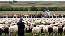 George w bush at podium speaking to large field of sheep