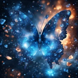 crystal butterfly made of gems made of different shades of blue, double exposure blue nebula galaxy background, dark background, glowing fire crystal particles in the air, amibent mood,16k resolution photorealistic, masterpiece, hight contrast, depth of field, breathtaking intricate details, realistic and lifelike cgi, dramatic natural lighting, reflective catchlights, high quality CGI VFX fine art