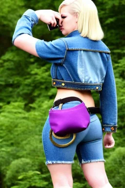 blonde taking selfie.thick thighs,thick calves,flat belly,curvy fell. NOVEL kind of bolero is sewed of recycled rough Denim, which condescends with integrated bag[SIC]. It is sewed together of camouflage pieces, whose color are all denim colors, orange, cream, brown and purple. Big colored headphones (gold rings!) is merged with small felt cap with small visor. It is with big bright purple felt tippet and birght-colored-hood is merged with colorful beanie. Style: 1980's Finland