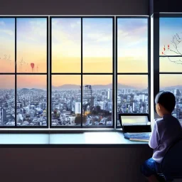  looking out of a window to a crowded city with many textbooks on the table japan sunrise computer with homework on it only one person