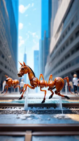 motion blur, high speed transparent ant horse train space thrusters above sky scrapers in fountain in the style of Escher, bokeh like f/0.8, tilt-shift lens 8k, high detail, smooth render, down-light, unreal engine, prize winning