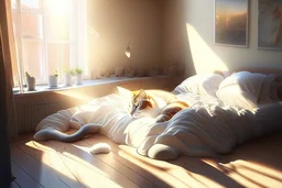 Lifelike cat-shaped bed with a cat lying on it in an elegant bedroom, bedside table, window, pictures on the walls in sunlight.