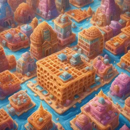 colorful waffle city, buildings made from waffles with waffle textures, butter bridge, syrup river, fantastical detailed style, hyperreal, maximalism, dynamic composition, "WELCOME TO WAFFLE CITY"