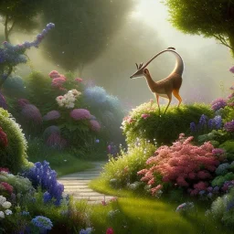 pixar style, volumetric summer garden environment and background, realistic painting of gazelle, looking excited, volumetric lighting, dramatic lighting, detailed digital painting, extreme dense and fine fur, anime, ornate, colour-washed colors, elegant, small minutiae, tiny features, particulars, centered, smooth, sharp focus, renderman gofur render, 8k, uhd, detailed eyes, realistic shaded volumetric lighting, sunlight caustics, backlight, centered camera view