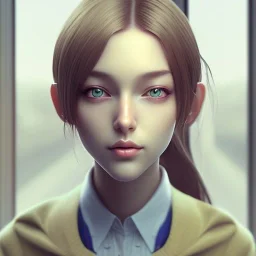 female student studying by the window, anime style,perfect face, cool face, ultra detail, unreal engine 5, cinema4d, sun light, studio lighting --ar 1:1 --v 4