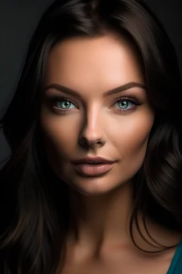 frontal beautiful caucasian woman, face mix from Gabbie Carter, Tru Kait with very soft and smooth edges, young version 25 years, prominent cheekbones, southern exotic dark hair