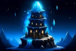 Fantasy Cartoon magic tower with wooden rafters, blue glowing crystals and dark stone covering it the the winter mountains emerging from magic spell from magic book