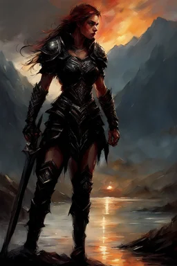 A formidable warrior girl in black armor, on the background Amazing gloomy landscape, flooded with sunset, mountains, trees, fabulous scary hero, , juicy emotions, painting, dark fantasy, bad weather, gloomy day, dark world, by Raymond Swanland & Alyssa Monks & Anna Razumovskaya & James Paick