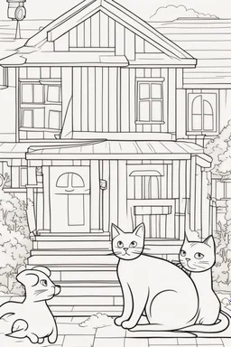 coloring page for kids, Cats in the house, cartoon style, thick lines, low detail, no shading