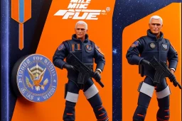 Mike Pence G.I. Joe toy Doll With a gun and Space force uniform inside blister packaging hanging on a Wallrack in toystore, fluorescent orange, wide angle shot whole body, black boots, laser, pricetag, Jetpack,fullsize