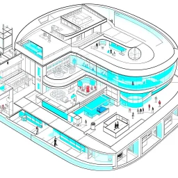 Architectural drawing of a Neofuturistic art museum, (((isometry))), ultra quality, people, treets