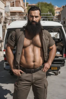 half figure photography of a 38 year old beefy burly turkish plumber, wearing his work unbuttoned uniform, bulge, leaning with his back to his van, arms folded and angry look, , hairy chest, big belly, very virile, long black beard, very short hair, sweat, , in a sunny street, photorealistic