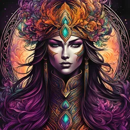 create a female shadowed spirit huntress , with highly detailed, sharply lined facial features, , finely drawn, boldly inked, in vibrant, ethereal colors, otherworldly and beautiful