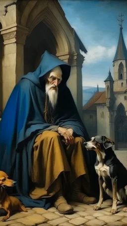 Bosch painting style nightmare of A hooded old man with humpback and his old dog are sitting homeless by the church