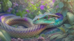 Serpent in the Garden of Eden, hyper-realistic, HD 8K, sharp detail, iridescent scales