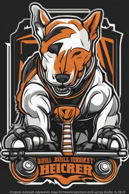 3/4 view bull-terrier hockey logo, thick lines, vector simplified, black white and orange