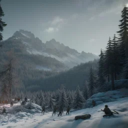 Five people hunting in a snowy forest, sense of fear, mountain hut in the background, Alps, night, 8k, HD, cinematography, photorealistic, Cinematic, Color Grading, Ultra-Wide Angle, Depth of Field, hyper-detailed, beautifully color-coded, insane details, intricate details, beautifully color graded, Cinematic, Color Grading, Editorial Photography, Depth of Field, DOF, Tilt Blur, White Balance, 32k, Super-Resolution, Megapixel, ProPhoto RGB, VR, Halfrear Lighting, Backlight, Natural Lighting