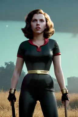 retro portrait image from 1960, explosion background, long hair, young Scarlett Johansson, classic black tight lycra suit, metal stick weapon, gold bracelet and belt, high heel boots, soft color, highly detailed, unreal engine 5, ray tracing, RTX, lumen lighting, ultra detail, volumetric lighting, 3d, finely drawn, high definition, high resolution.